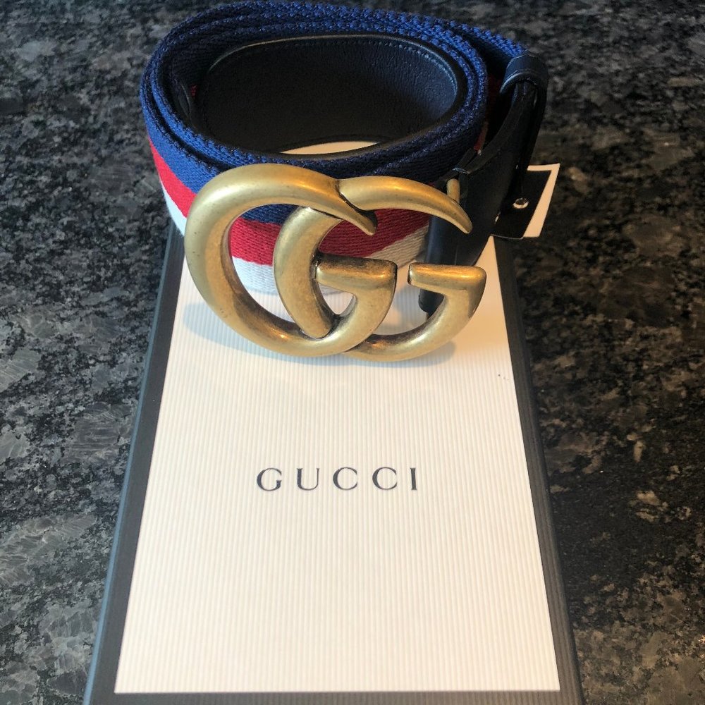 Gucci Striped Canvas and Leather Belt